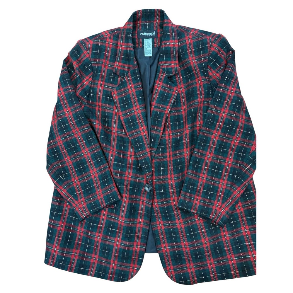 Vtg 90s Sag Harbor Wool Blend Blazer 20W Red Green Gold Plaid Holiday Jacket